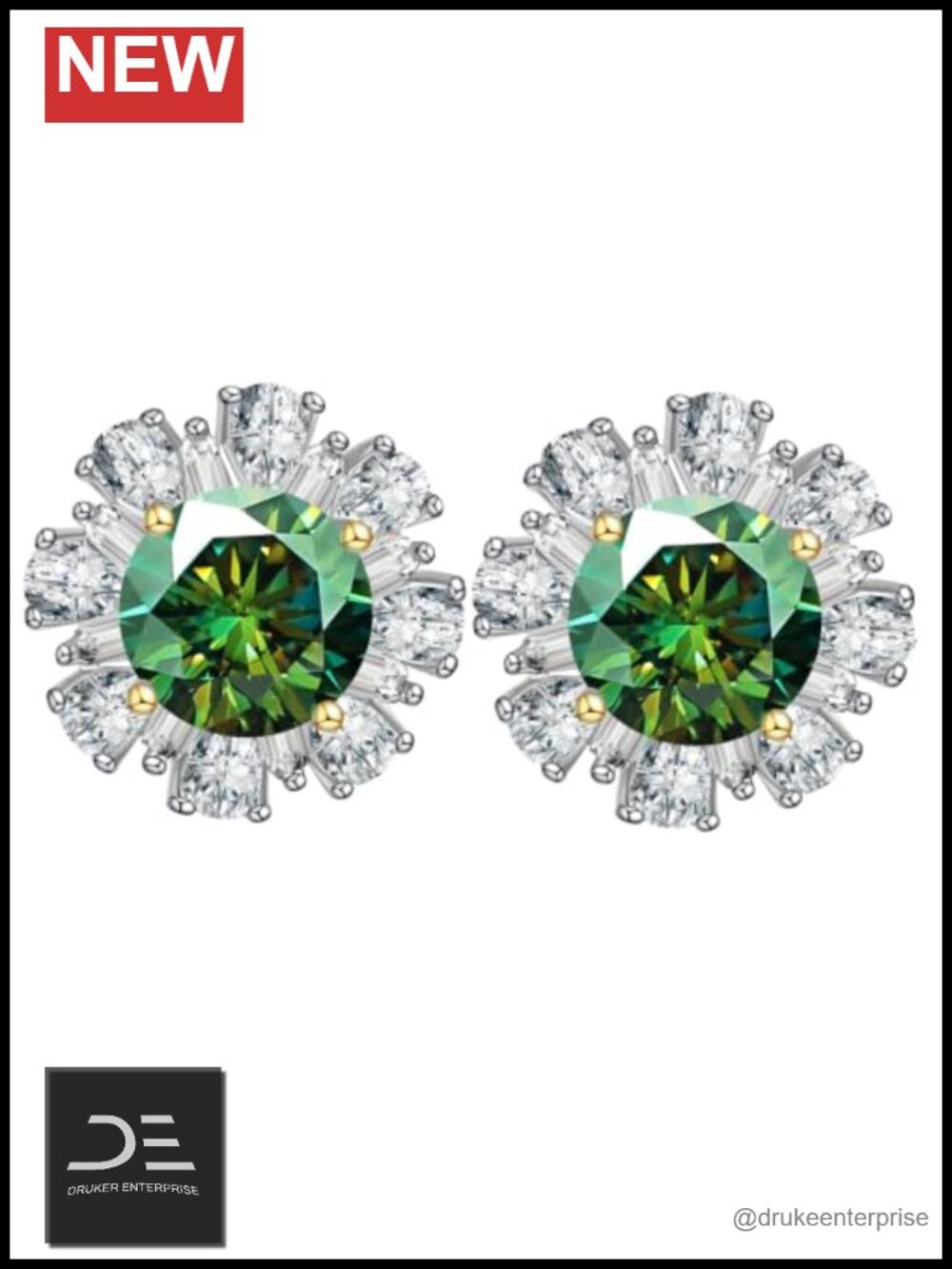 S925 Sterling Silver 2CT Green Moissanite Stud Earrings for Women Gift Box